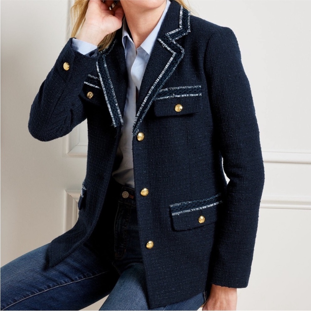 Talbots Contrast Trim Tweed Blazer Jacket Size 6 Navy Preppy Classic Workwear